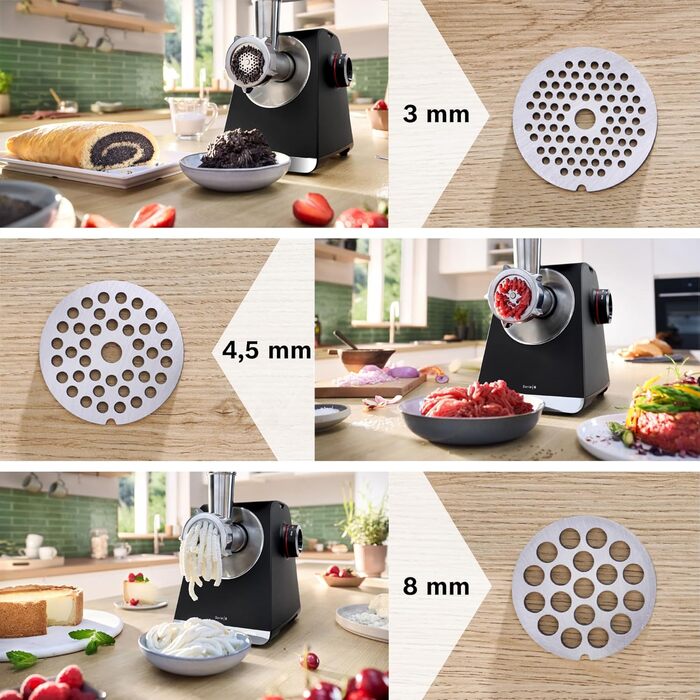 М'ясорубка Bosch MFW68660 срібляста (чорна) 2200 Вт, насадки для ковбас, 4 терки, 3 диски з нержавіючої сталі (3/4.8/8 мм)