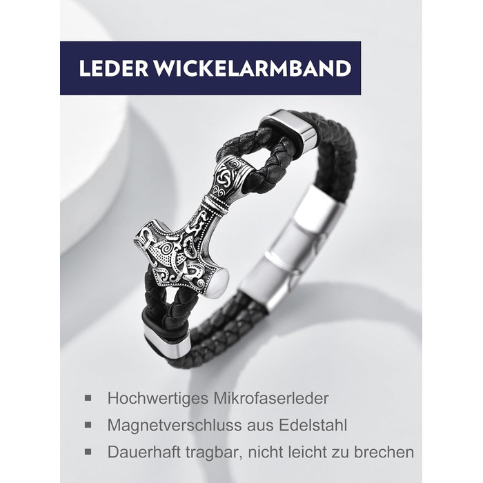 Чоловічий шкіряний браслет Bandmax Mjölnir/Totenkopf/Freimaurerei з гравіюванням, магнітна застібка, 23 см