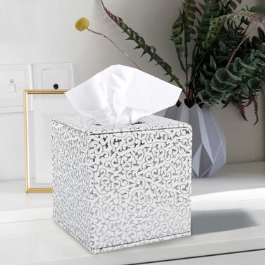 Disco Ball Tissue Box Cover, PU Leather, Cube-Shaped Tissue Holder, Square, Paper Holder, Napkin Dispenser for Home, Office, and Car (Silver Carving)