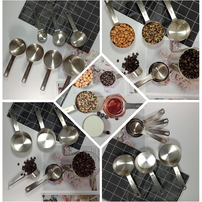 Stainless Steel Measuring Cups and Spoons Set, 8 Piece Measuring Cups, 9 Piece Spoons, 1 Leveler, 1 Conversion Chart for Stainless Steel Measuring Cups, 18/8 (304)