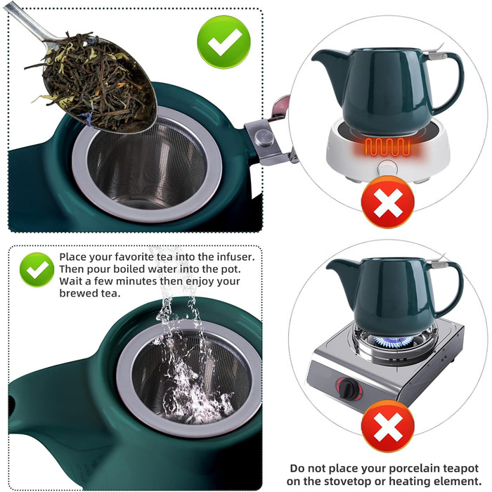 VIVILINEN Porcelain Teapot Ceramic Handmade 18/8 Stainless Steel Infuser Stainless Steel Fine Mesh Infuser with Filter (Green)