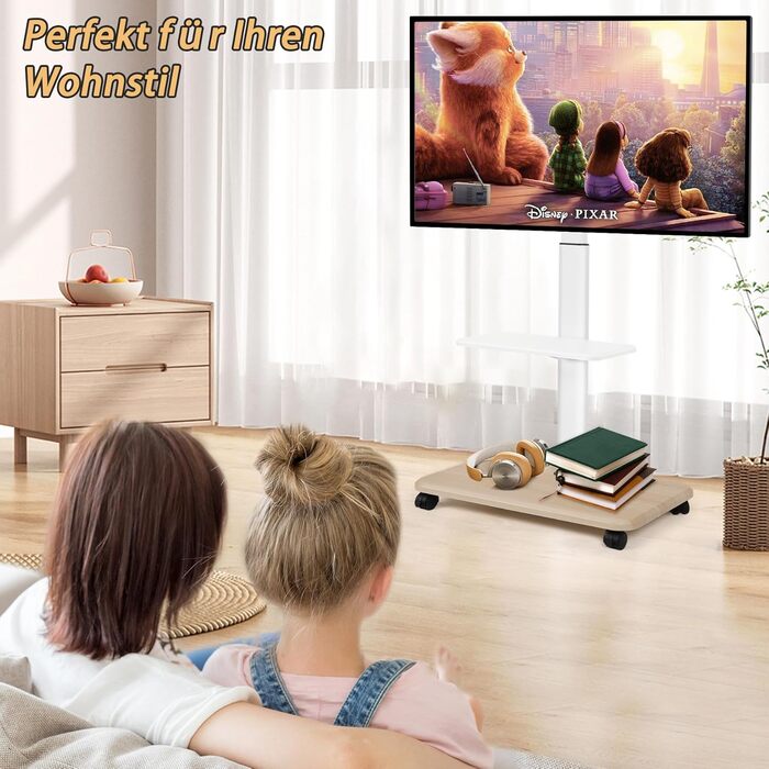 Мобільний ТВ-стіл Hellsehen для LED/LCD/OLED телевізорів 32-70 дюймів (до 45 кг), білий, з регулюванням висоти та блокованими колесами