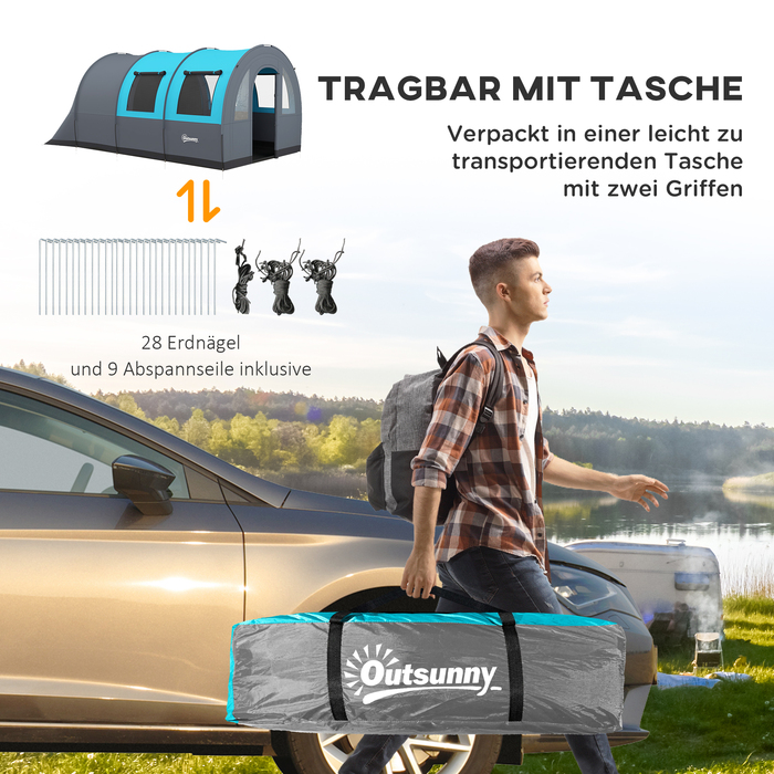 Намет Outsunny Tunnelzelt Campingzelt для 6 осіб з 2 кімнатами та гачками для ліхтариків, груповий намет з сумкою для перенесення, водовідштовхування 3000 мм, сімейний намет сірого кольору