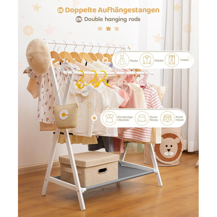 Дитяча вішалка для одягу Yorbay з бамбука, подвійна регульована штанга, полиці для зберігання, біла