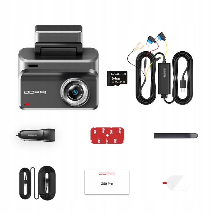 Автомобільний відеореєстратор DDPAI Z50 Pro 4K з GPS, карткою пам'яті 64ГБ та комплектом для постійного живлення (Hardwire Kit)