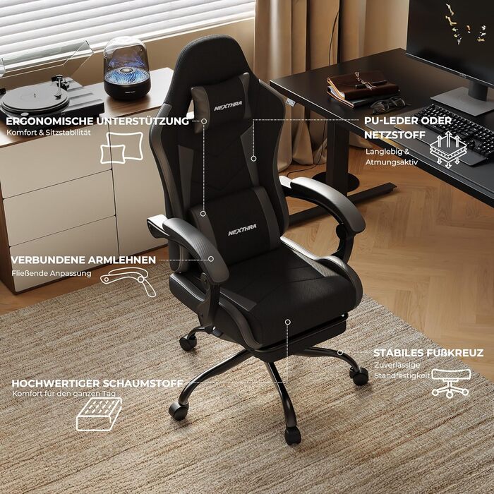 Геймерське крісло Nexthra Ergonomisch з підставкою для ніг, до 180 кг, чорне. Офісне крісло для геймінгу та роботи, регульована спинка 150°