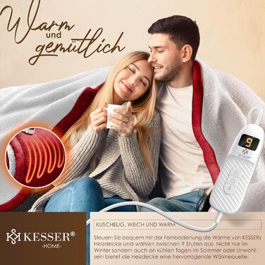 Електрична ковдра KESSER® з автовимкненням 200x180 см двостороння | Ковдра для ліжка, дивана | 9 температурних режимів | Пральна до 40°C | з таймером, цифровим дисплеєм, Бордовий колір