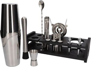 Набір для коктейлів Whiskey Rocks 17-Piece з бамбуковим підставкою: шейкер, мірний стакан, товкачик, ложка, з нержавіючої сталі, сріблястий