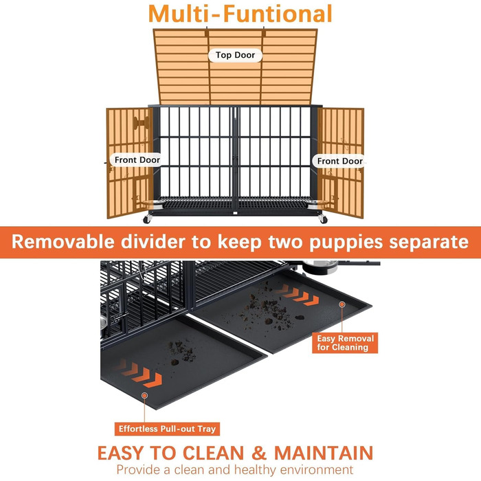 Клітка для собак XL, чорна, з піддоном та перегородкою, 2 в 1, 120 x 73 x 68 см