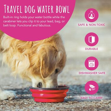 Складаний миска для собак TDL, 350 мл, червоний. Зручна для подорожей, з карабіном та тримачем для пляшки. Підходить для собак та котів.