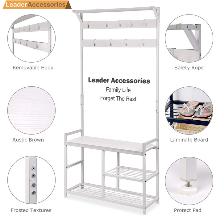 Leader Accessories Coat Rack with Bench Metal Coat Rack Rustic Clothes Rack 182x30x84cm (H x W x D) White