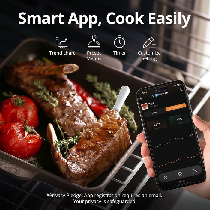 Бездротовий термометр для м'яса з Bluetooth 5.1, 100 м, додаток з рецептами, LED дисплей, для приготування їжі, духовки, BBQ, гриля