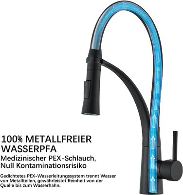 Кухонний змішувач з двома виливами, поворотний 360°, з висувною лійкою, з спіральною пружиною, для мийки, чорний, з матовою обробкою