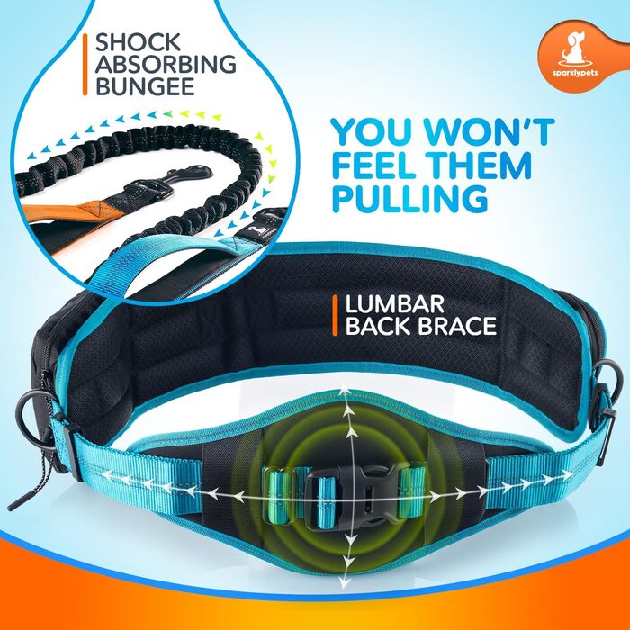 Спортивна повідка на талію для собак SparklyPets - Hands Free для середніх та великих порід. Комплект: тримач для телефону, пакети для екскрементів, кишеня для ласощів та тримач для пляшки. Оранжевий, для двох собак