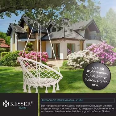 Підвісне крісло KESSER 150 кг, бежеве, з подушкою, сталеві кільця, плетене, з бахромою, для саду та дому, водовідштовхувальне