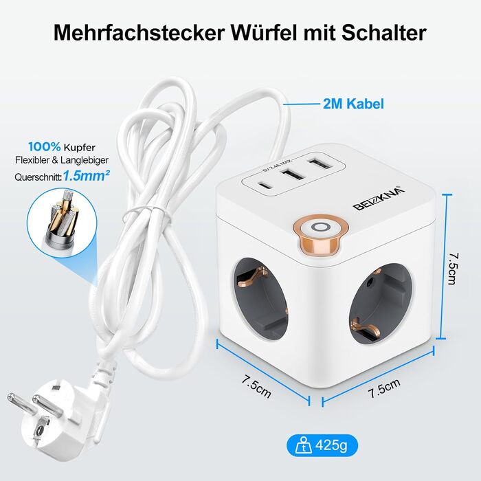 Мережевий концентратор з 4 USB-портами, настінний, 4 розетки, захист від перенапруги, 2 USB-C розетки, вимикач, 4000W, 16A, білий