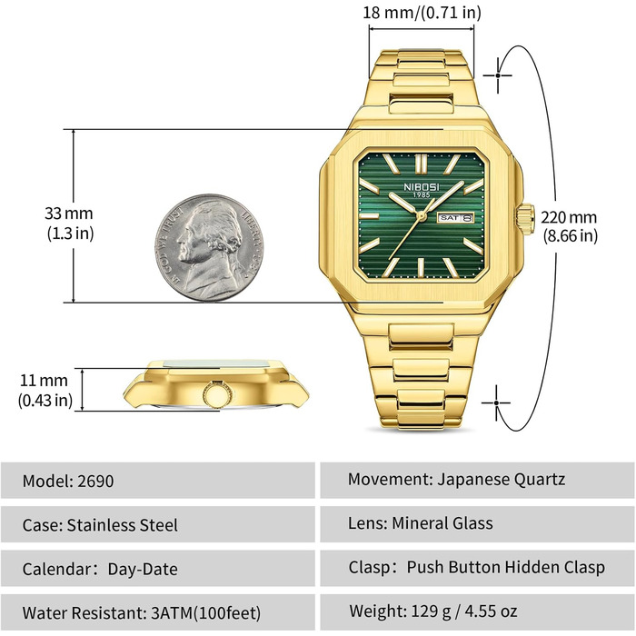 Годинник чоловічий NIBOSI: кварцовий, з нержавіючої сталі, мілітарі, квадратний, водонепроникний, бізнес-стиль, класичний, дизайнерський (золотий, зелений)