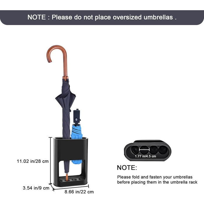 Підставка для парасольки з знімною підставкою для збору води, пластикова підставка для довгих/коротких парасольок, полиця для зберігання в приміщенні (Чорний)