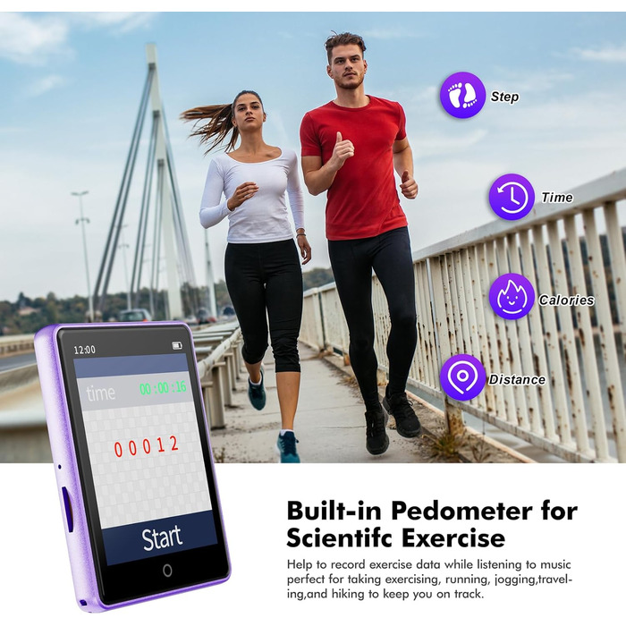 MP3 плеєр дитячий 64GB Bluetooth 5.3 з радіо, радіоприймач, MP4 плеєр, дитячий музичний плеєр з touch screen, розширюється до 128GB, фіолетовий