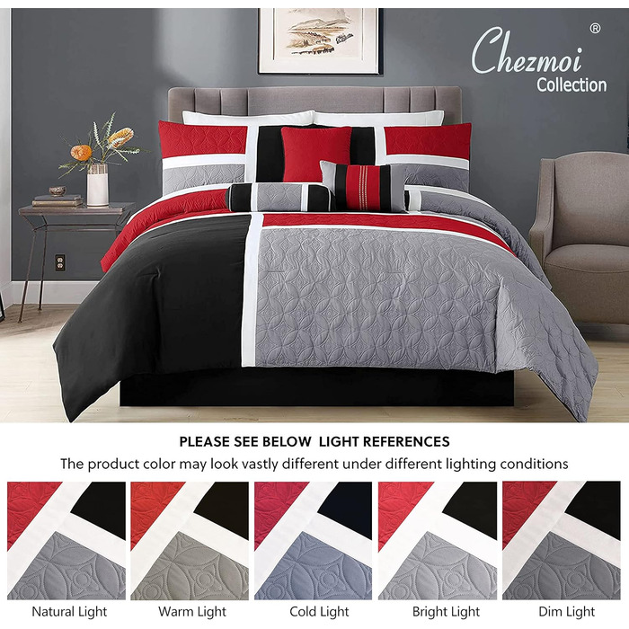 Комплект постільної білизни Chezmoi Collection Upland, 7-piece, Patchwork, для ліжка King Size (Oversized), червоно-сірий-чорний