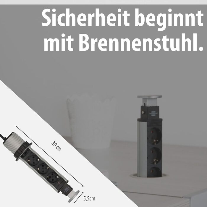 Вбудований подовжувач Brennenstuhl Tower Power на 3 розетки, 2м, вмонтовувана настільна розетка, алюміній/чорний