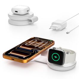 Бездротова зарядка 2-в-1 Qi2 25W для iPhone 17e/17/16/15/14/13/12/Air, Apple Watch, AirPods Pro/4/3/2 + Блок живлення 30W (Біла)