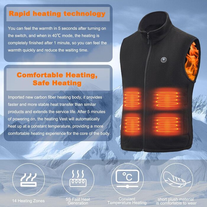 Обогревна жилетка з powerbank 27000mAh для чоловіків та жінок, 14 зон обігріву, 3 температурні режими, для активного відпочинку, мотоцикла, риболовлі, кемпінгу, катання на лижах, чорна