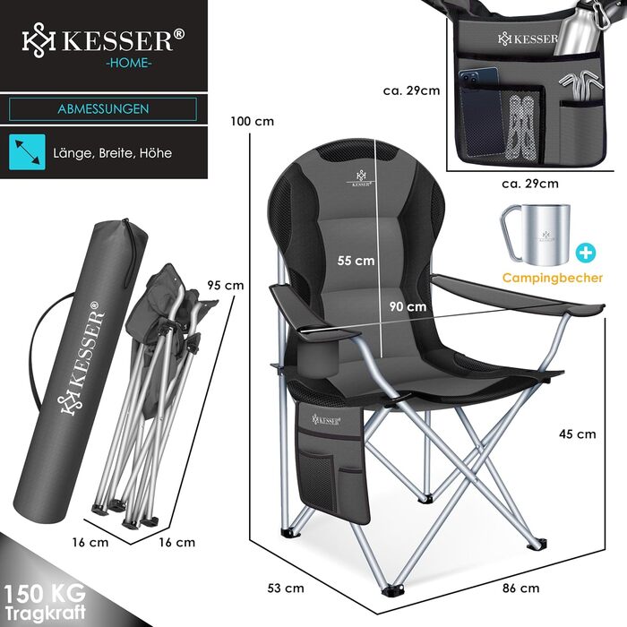 Крісло кемпінгове KESSER® складне до 150 кг, з підлокітниками, високою спинкою, сіре (антрацит/чорне) + тримач для напоїв