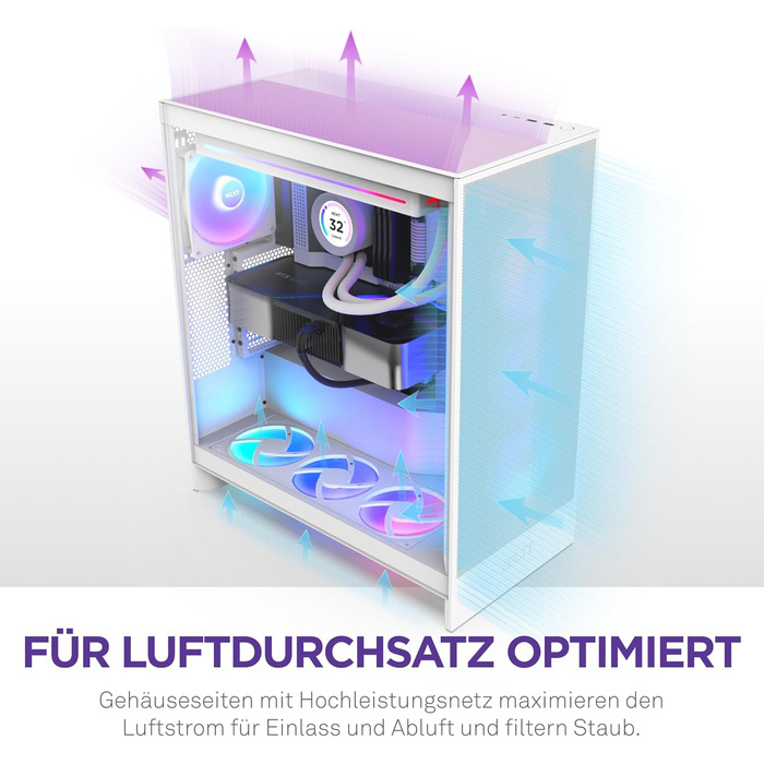 Корпус NZXT H7 Flow для ПК ATX з покращеною вентиляцією | Підтримка до 3 x 120 мм вентиляторів для охолодження GPU | 3 x 120 мм фронтальні вентилятори | Підтримка радіатора 420 мм | Flow 2024, білий