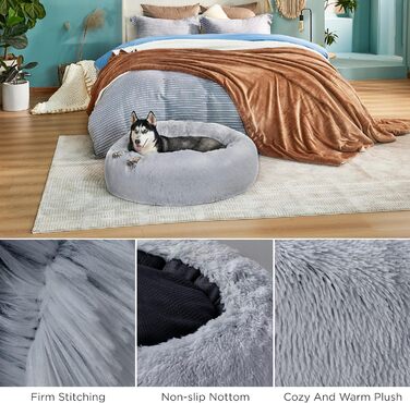 Ліжко для котів і собак BEDSURE, кругле, плюшеве, м'яке, пране, 80 см, світло-сіре, спальне місце для домашніх тварин