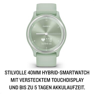 Garmin vívomove Sport - смарт-годинник з аналоговими стрілками та сенсорним дисплеєм. Функції спорту та здоров'я, сповіщення зі смартфона та до 5 днів роботи від акумулятора. Колір: м'ятний