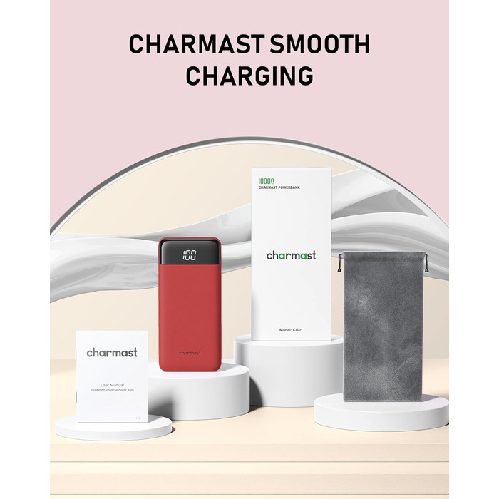 Powerbank Charmast 10000mAh з вбудованими кабелями, 6 виходів, 3 входи, USB-C, для iPhone, iPad, Samsung, червоний