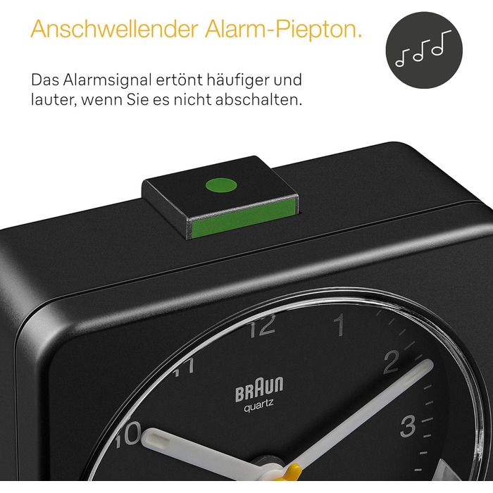 Braun Classic Analog Alarm Clock with Snooze Function and Light, Silent Quartz Movement, Crescendo Alarm, Black Model BC03B