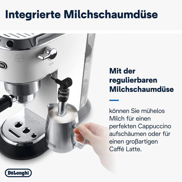 Еспресо-машина De'Longhi Dedica Style EC 685.W - компактна, з професійною капучинатором, для E.S.E. Pads, білий колір