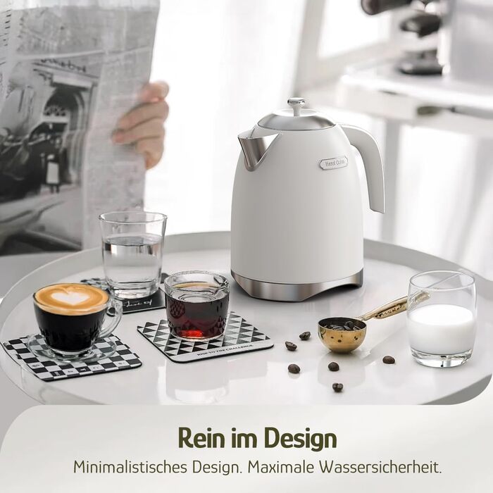 Електричний чайник Hazel Quinn Schneller 2200 Вт, 1.7л, нержавіюча сталь 304, перловий білий, з функцією швидкого кип'ятіння, автоматичним вимкненням та захистом від сухого кип'ятіння, вінтажний дизайн, BPA-free