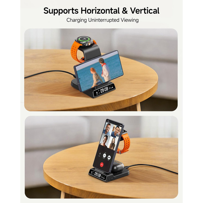 Бездротова зарядка leQuiven 3 в 1 для Samsung Galaxy S25 Ultra, S24, S23, Z Fold/Z Flip, Galaxy Watch 8/7/6/5/4, Buds3 Pro (без адаптера, чорний)