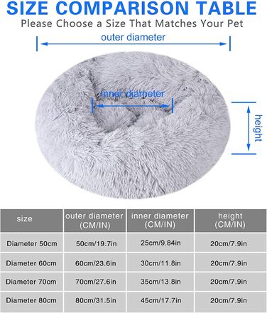 Кішечка Queta: зручне ліжко для кота та маленької собаки, м'яке, плюшеве, кругле, 60 см, світло-сірий