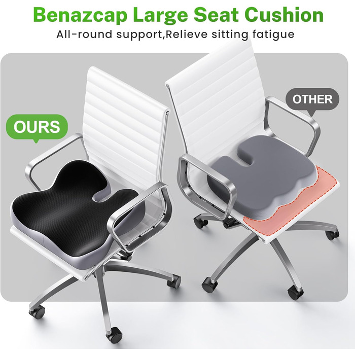 Ортопедична подушка для сидіння Benazcap з Memory Foam - для офісного крісла, автомобіля, інвалідного візка. Зменшує біль у куприку. Чорний/Сірий колір