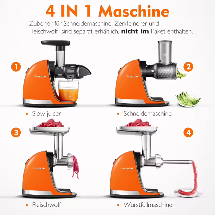 AMZCHEF Juicer - Vegetable and Fruit Test Winner - Slow Juicer with Reverse-Mastication Function - Gentle Crushing Without Filtering - Electric Juice Press with Brush and 2 Cups - Vibrant Orange