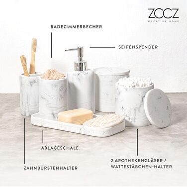 Набір для ванної кімнати ZCCZ – 6 предметів: органайзер для зубних щіток, дозатор мила, миска для косметики та ватних паличок. Елегантний декор з ефектом мармуру, білий колір для стильного оформлення ванної кімнати