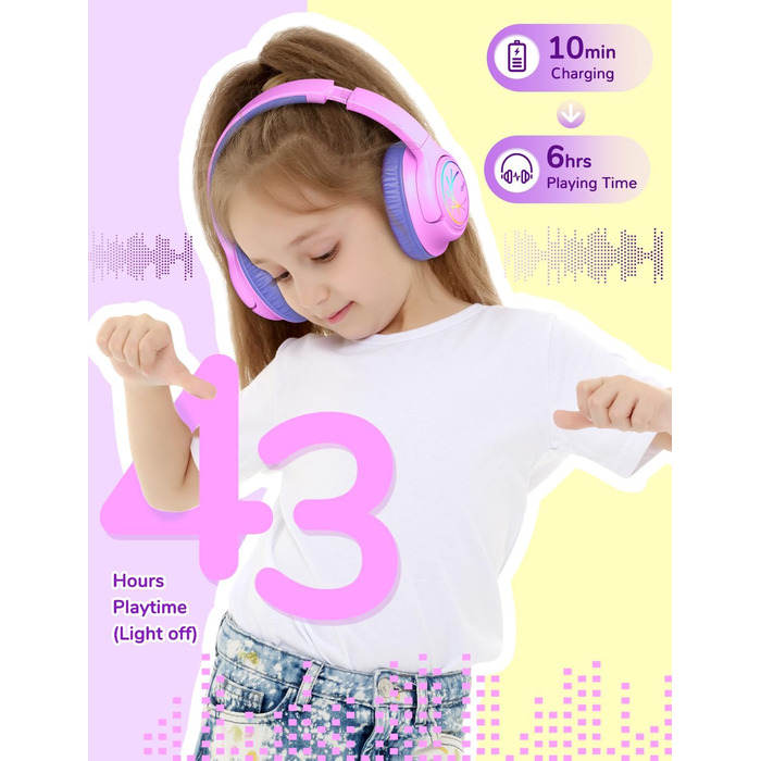 iClever Бездротові навушники для дітей з LED-підсвіткою, обмеження гучності 74/85 дБ, 43 години роботи, стереозвук, Type-C, AUX-кабель, Bluetooth 5.3, для планшетів/подорожей, рожево-фіолетові