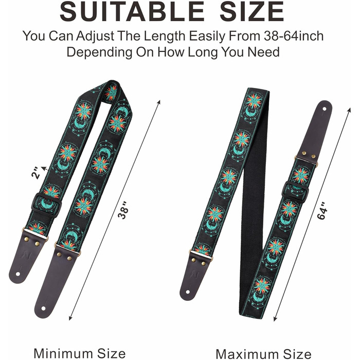 Гітарний ремінь Nefelibata, вишитий бавовняний ремінь з шкіряними кінцями, для бас-гітари, електро- та акустичної гітари, безкоштовний фіксатор, 1 пара замків, 4 шт. (Зелене сонце та місяць)