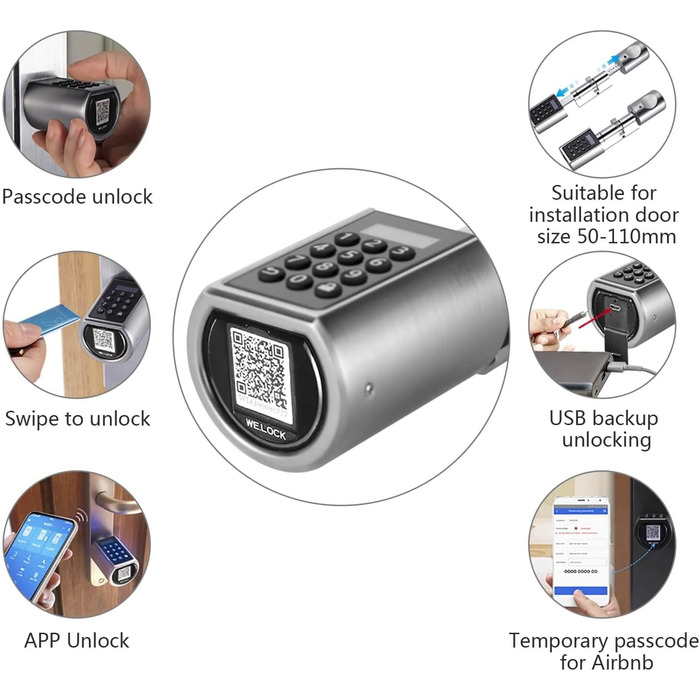 Електронний дверний циліндровий замок WELOCK PCB01 з паролем, RFID-карткою, Bluetooth та опціональним Wi-Fi, водонепроникний, для дверей 50-100 мм