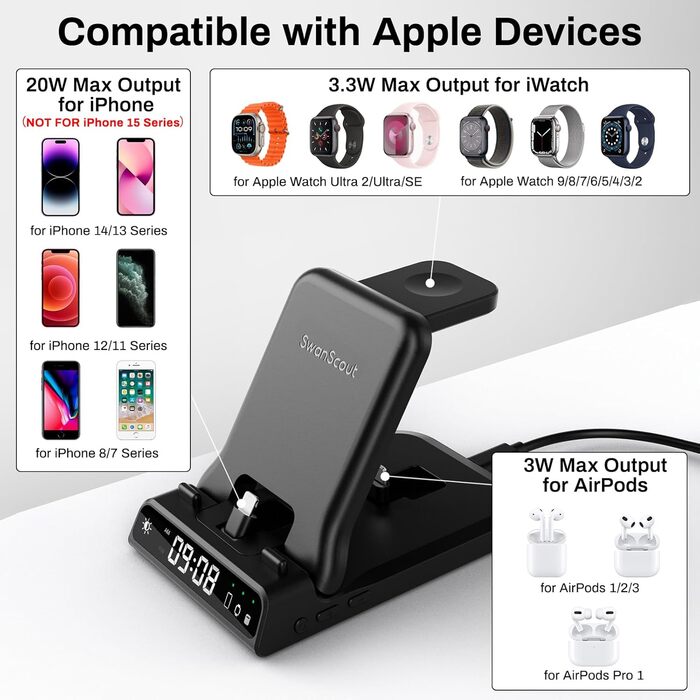 Зарядний стан для Apple SwanScout 701A: iPhone, Apple Watch, AirPods. 3 в 1