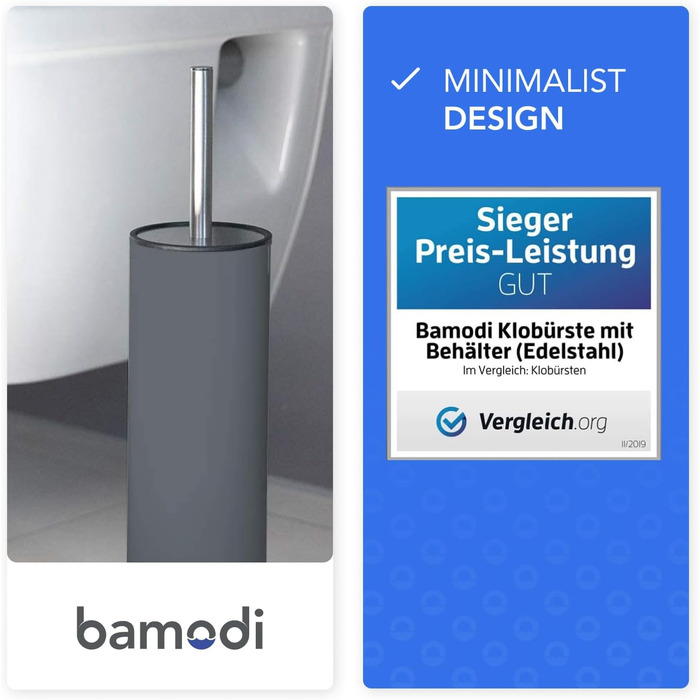 Щітка для унітазу Bamodi з підставкою - щітка для унітазу з довгою ручкою та жорсткою щетиною для ретельного та легкого прибирання - ідеальна для ванної кімнати та гостьового туалету (Матовий сірий, 1)