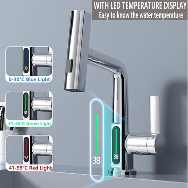 Кран кухонний з витяжною лійкою, 3 режими, LED-індикатор температури, однорідний змішувач, поворот на 360°, кран для мийки, кран кухонний, високий тиск, регульована висота (хром)