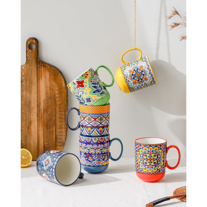 HENXFEN Ceramic Coffee Mugs, 410ml Coffee Cups Set with Handle, Porcelain Mugs for Tea Coffee Milk Cappuccino, Colorful, 6-Pack - Bohemian Style