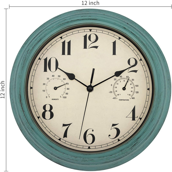 Foxtop Funk Wall Clock, Indoor Outdoor Weatherproof Wall Clock with Temperature Display and Hygrometer, No Ticking Sound Silent Retro Clock for Terrace Bathroom Kitchen Living Room Home Decor (Bronze, 30cm) (Green)