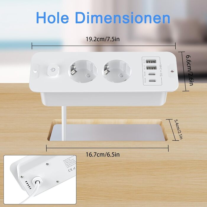 Мережевий фільтр 5-портовий з індивідуальним вимикачем, розгалужувач з 2 USB-A та 2 USB-C, мережева розподільча коробка з вимикачем, мережевий фільтр настінний з 2м кабелем, PD 20W - (2 розетки, 4 USB, білий)