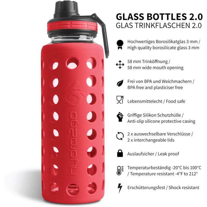 Пляшка для води Hydro2Go Glas Urban Red 2.0 950 мл з силіконовим чохлом та соломинкою, BPA-free, герметична, для посудомийної машини